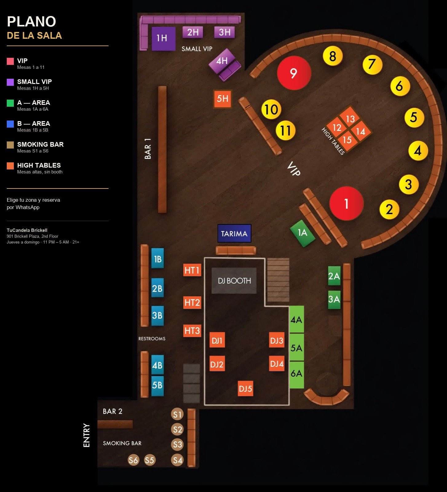 Plano de zonas y mesas de TuCandela Brickell
